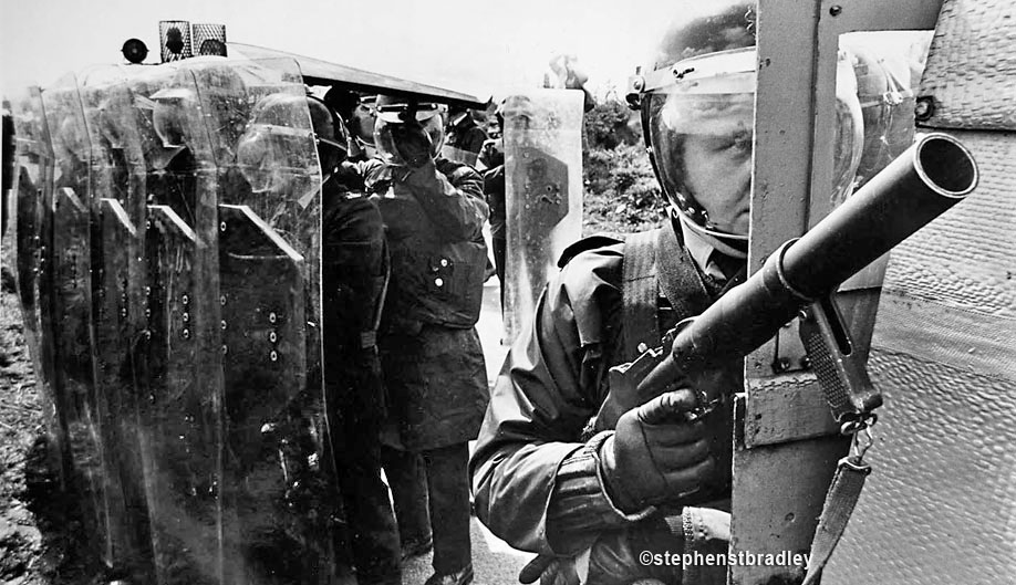 RUC officers in riot gear, Bellaghy, Northern Ireland, by Stephen S T Bradley, editorial, commercial, PR and advertising photographer, Dublin, Ireland