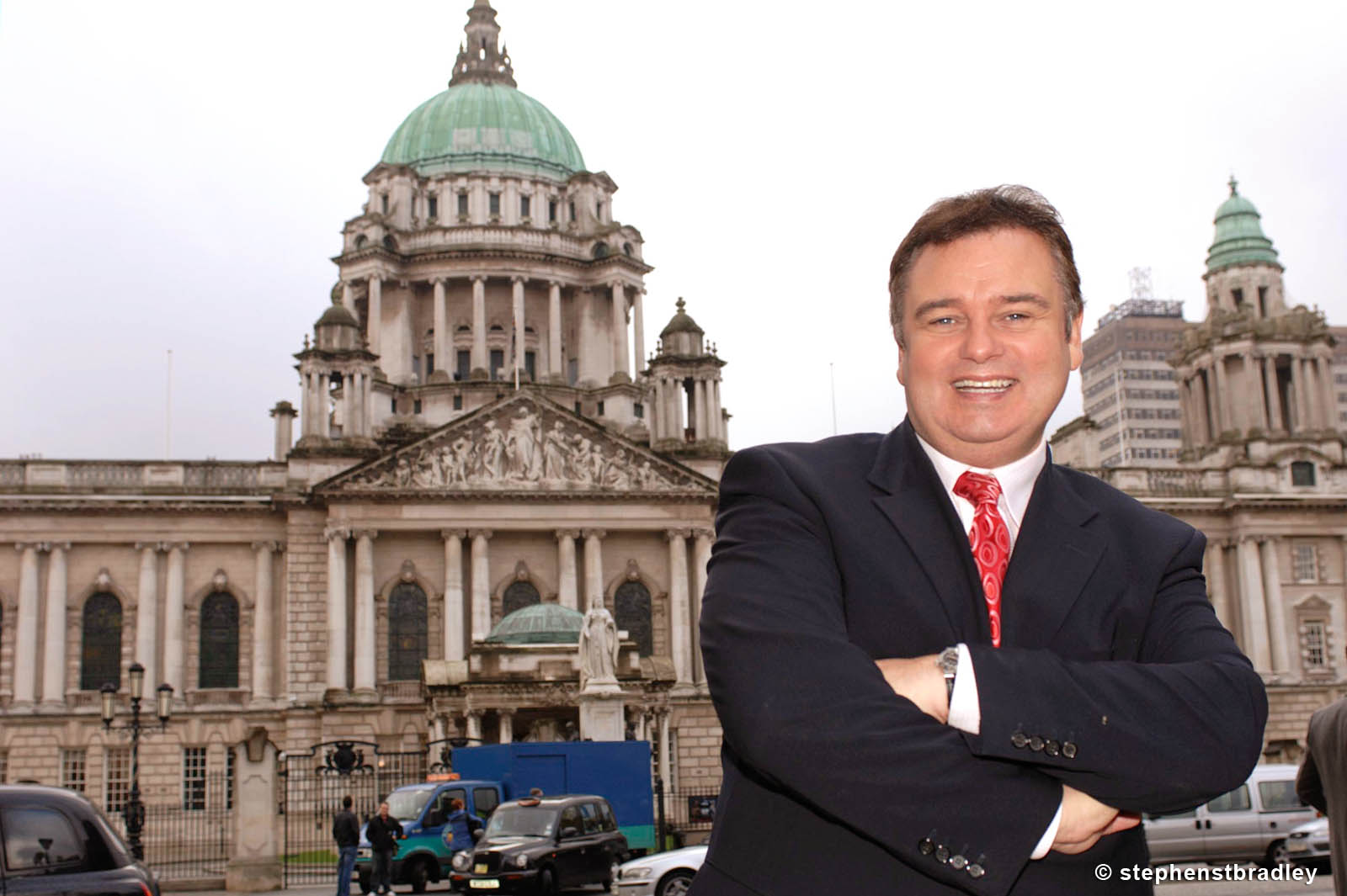 PR Photographer Dublin Ireland portfolio photo of celebrity Eamonn Holmes pictured in front of Belfast City Hall, Northern Ireland - photo 6115 by Stephen S T Bradley PR photography and video production services Dublin, Ireland