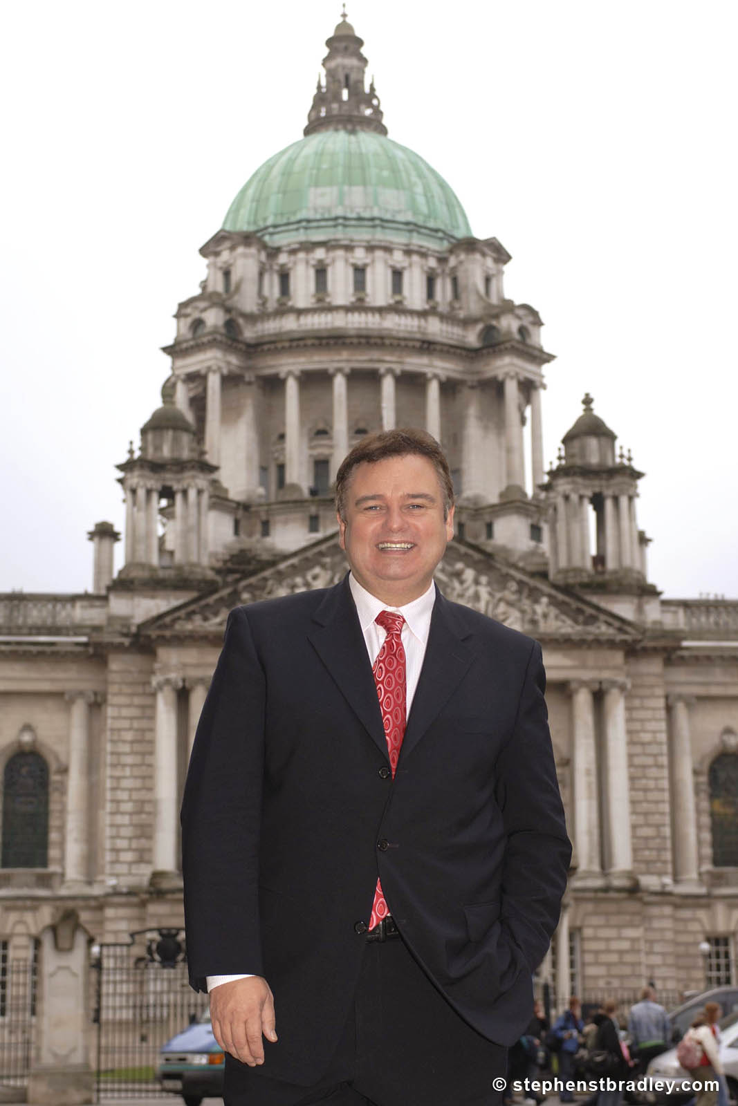 PR Photographer Dublin Ireland portfolio photo of celebrity Eamonn Holmes in front of Belfast City Hall, Northern Ireland - photo 6118 by Stephen S T Bradley PR photography and video production services Dublin, Ireland