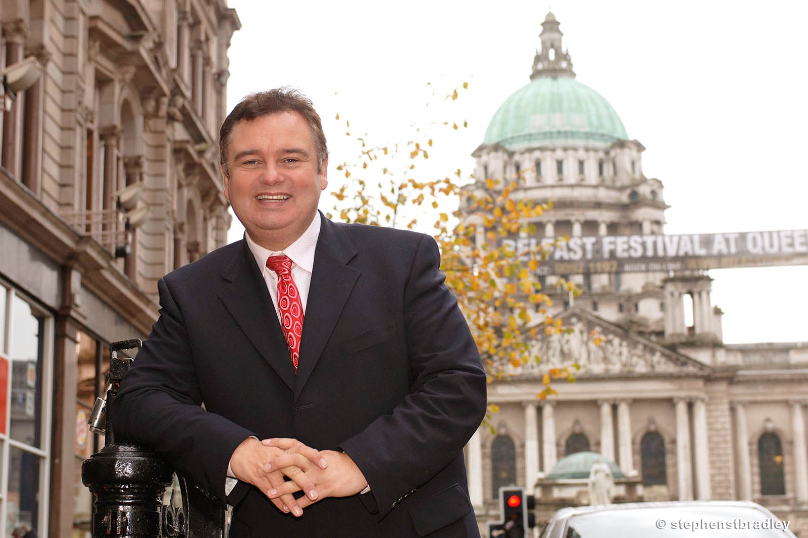 PR Photographer Dublin Ireland portfolio photo of celebrity Eamonn Holmes in front of Belfast City Hall, Northern Ireland - photo 6140 by Stephen S T Bradley PR photography and video production services Dublin, Ireland