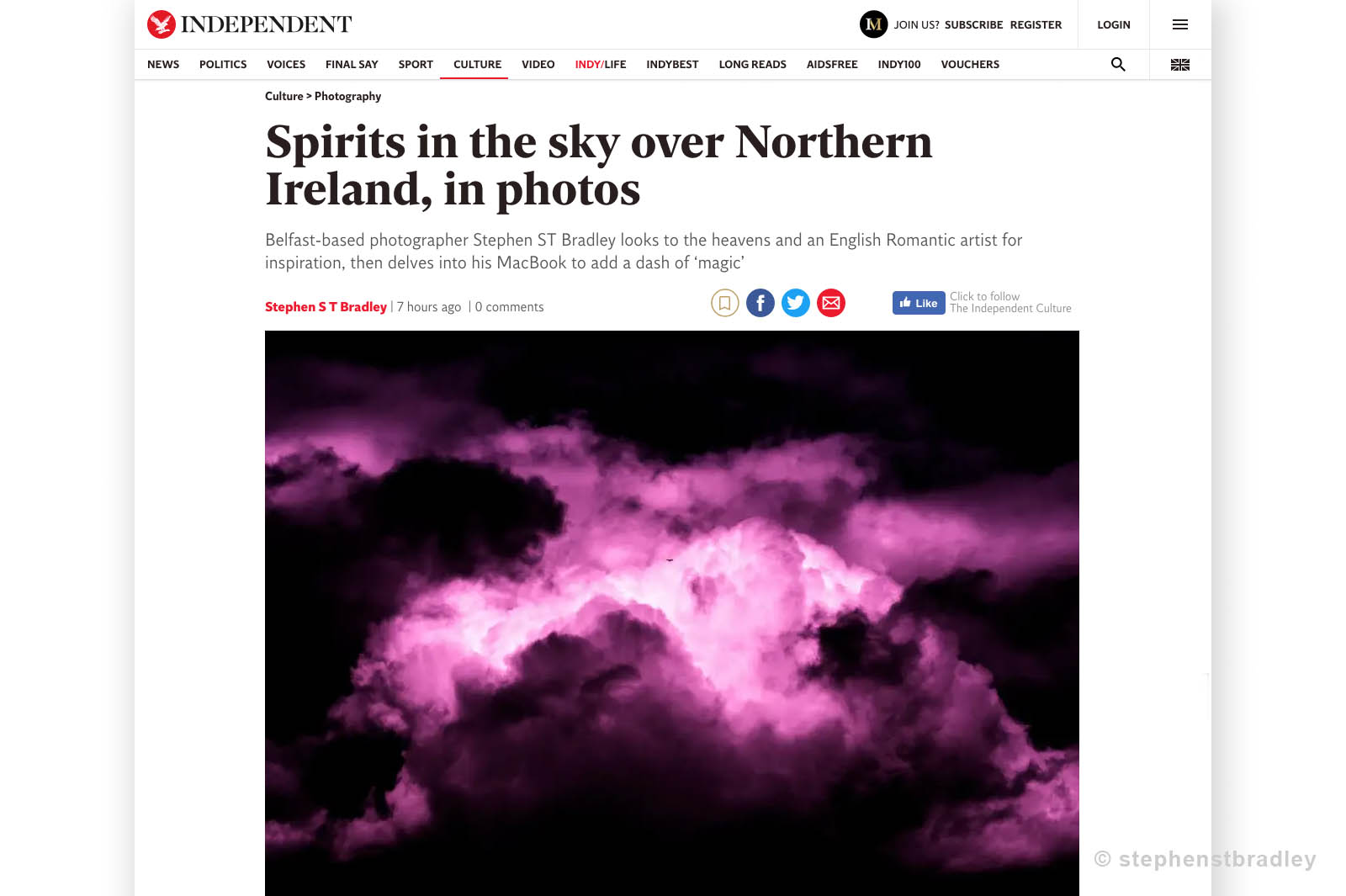 Editorial photography portfolio - top of web page of The Independent newspaper UK featuring a story on the fine art photography of  Stephen S T Bradley