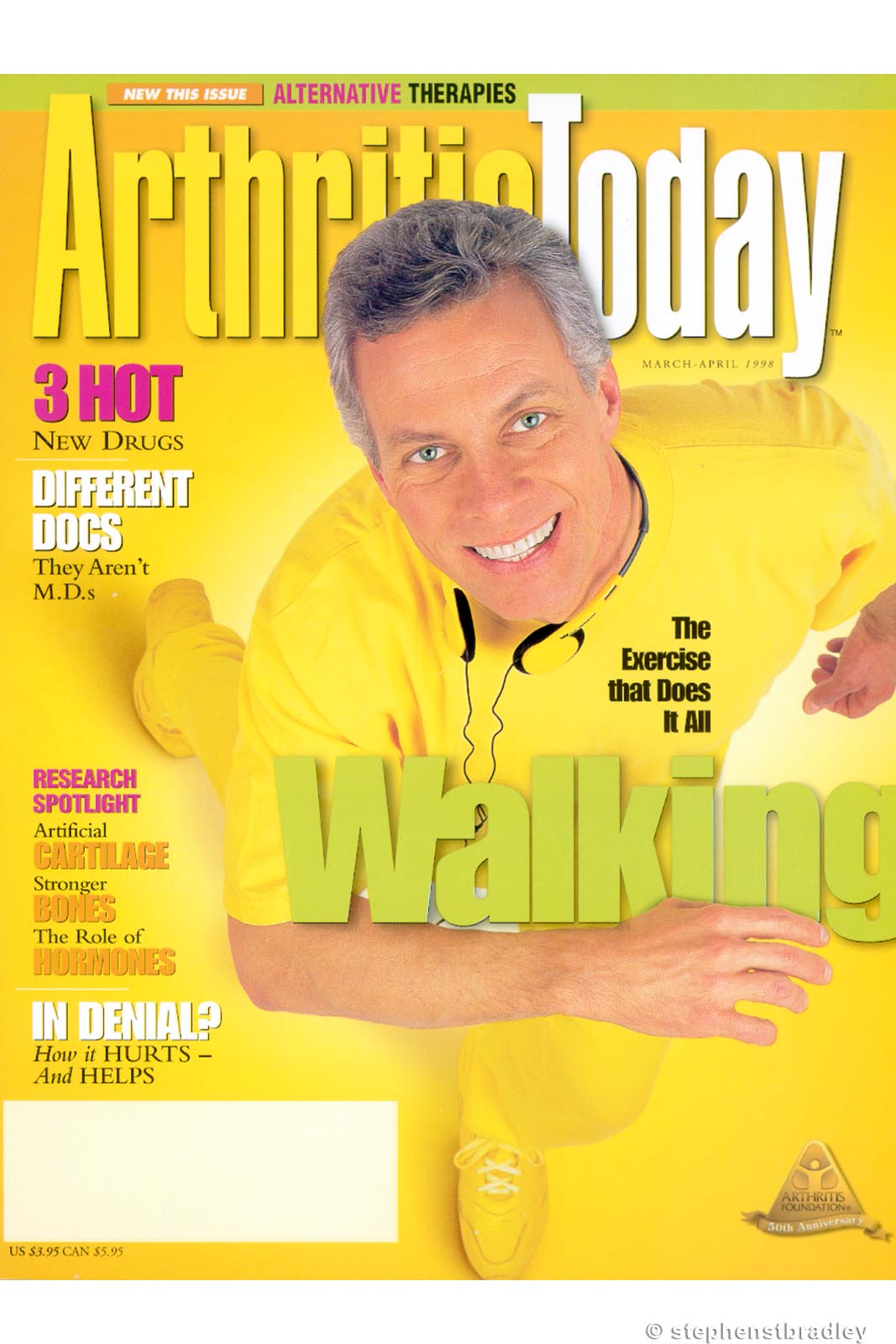 Editorial photography portfolio photo of man in yellow clothes and shoes photographed for Arthritis Today magazine - magazine cover photo by Stephen S T Bradley