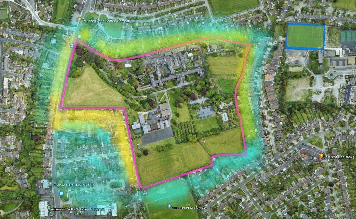 Area of interest guide - aerial drone photography and video production services Dublin and Ireland portfolio showing commercial aerial photography of the Dundrum suburb of Dublin Ireland