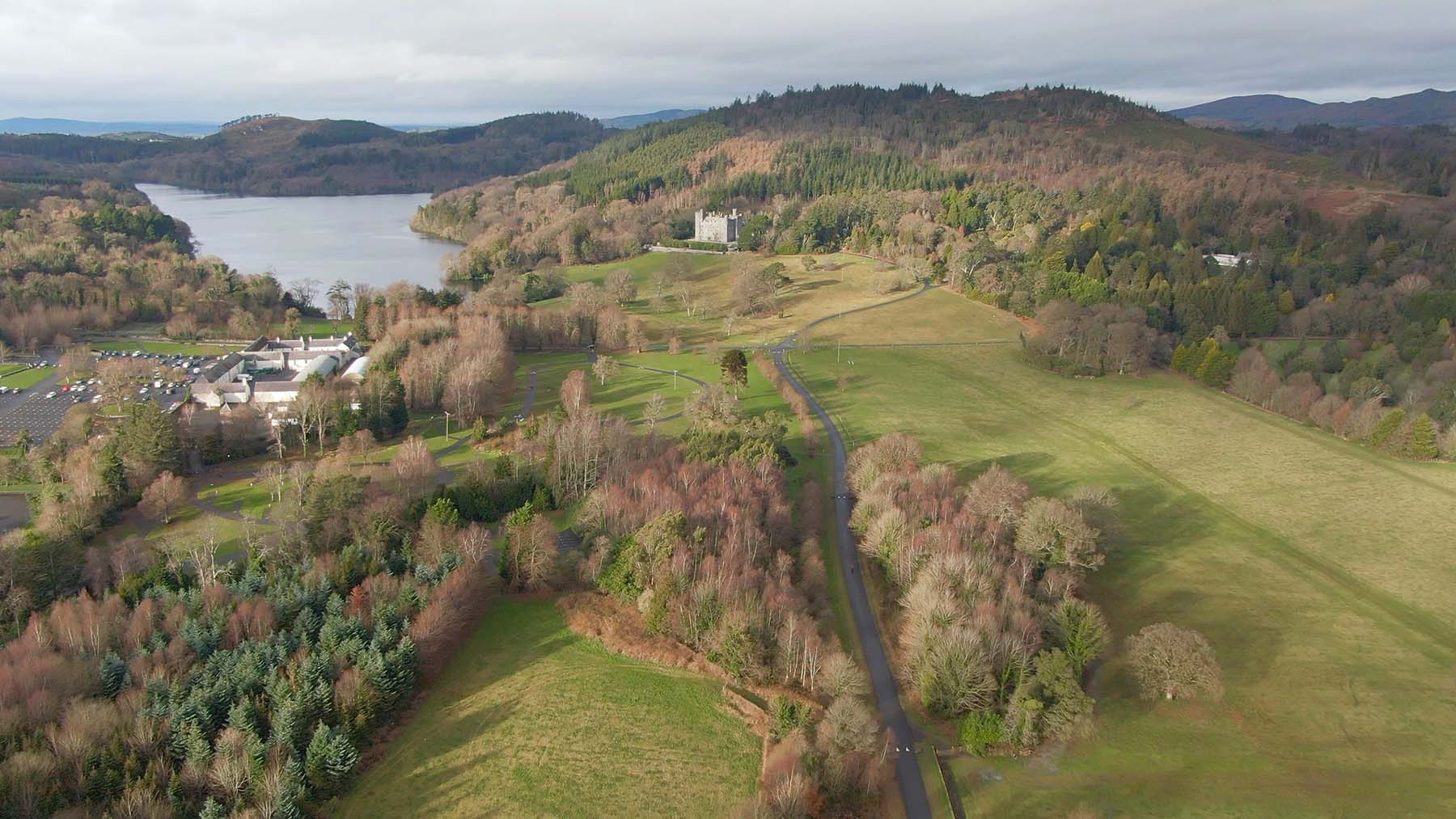 Video screenshot 2 of aerial footage of Castlewellan Forest Park, castle and lake, from video by Stephen S T Bradley aerial hotel video production in the UK and Ireland