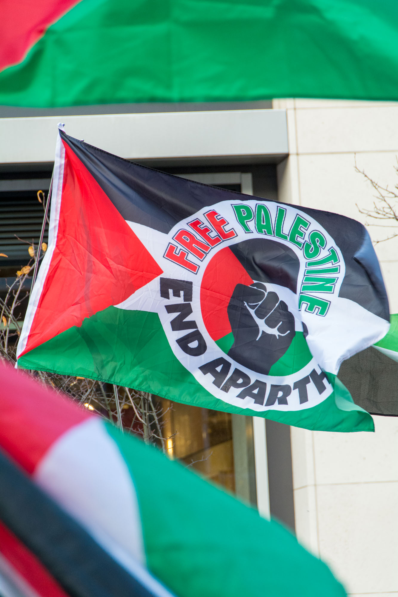 Free Palestine End Apartheid flag photographed at the Palestine march in Belfast. Photo 7740 by Stephen S T Bradley