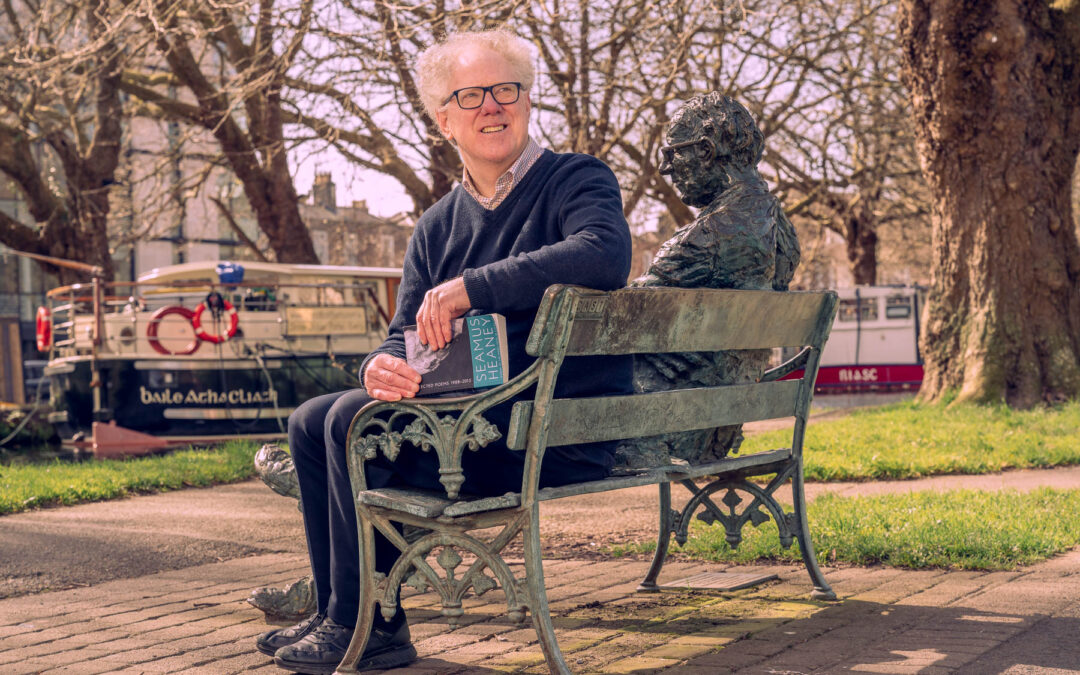 Irish author Ronan McGovern pictured beside the sculpture of Irish poet Patrick Kavanagh at the Grand Canal in Dublin, Ireland. Photo by Dublin and Belfast based commercial photographer and director Stephen S T Bradley