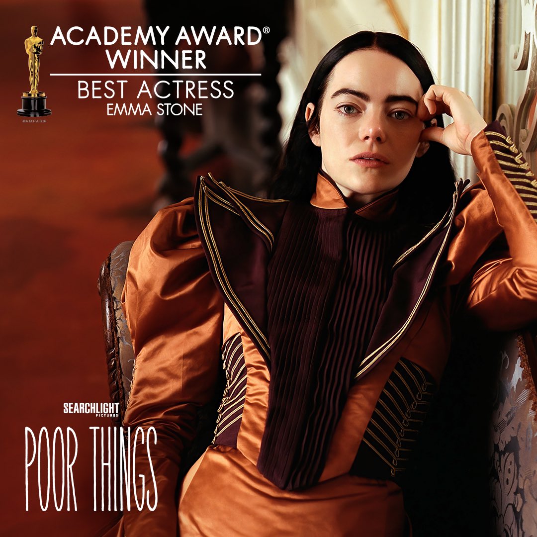 Poor Things movie produced by Element Pictures for Searchlight Pictures wins academy award for Best Actress for Emma Stone at 2024 Oscars