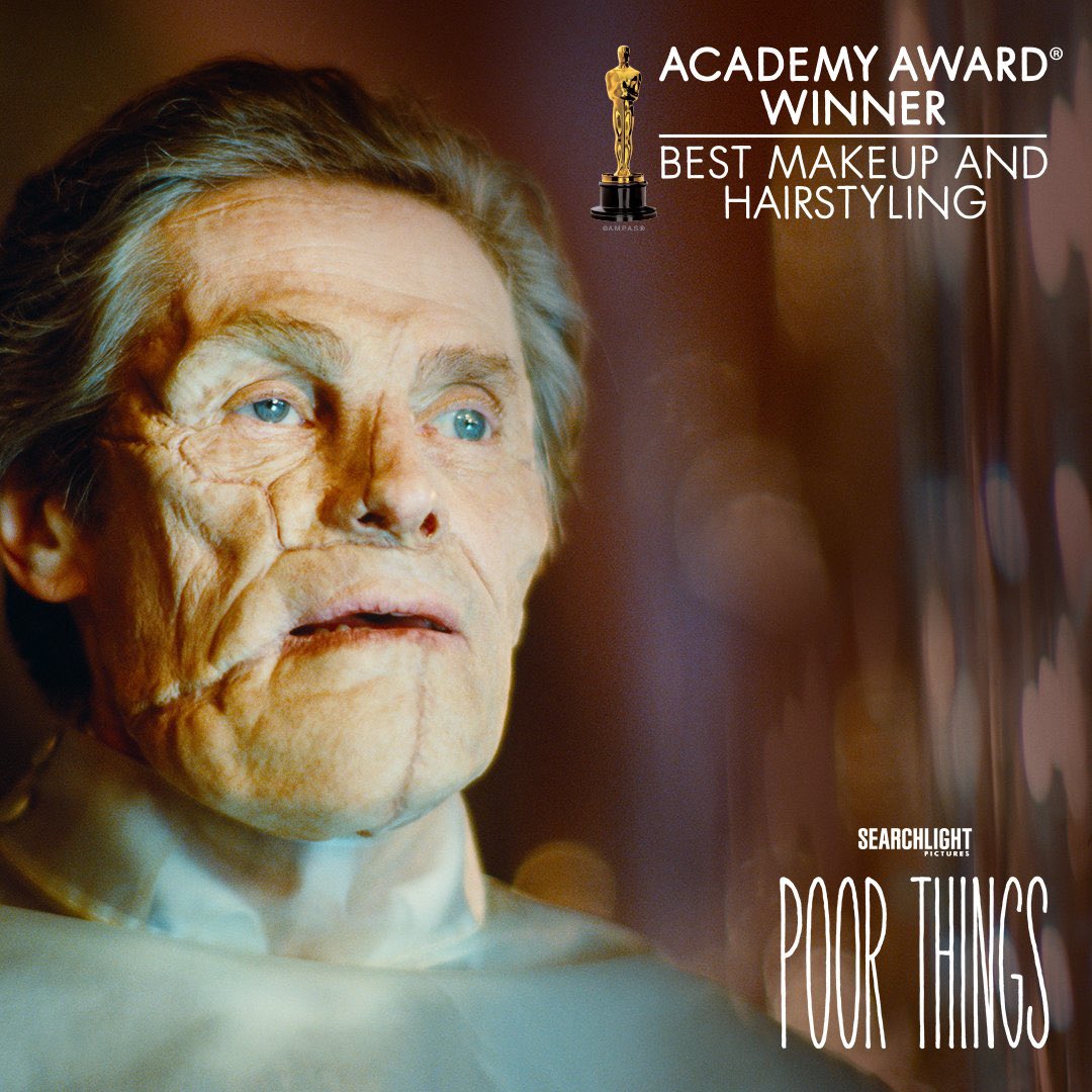 Poor Things movie produced by Element Pictures for Searchlight Pictures wins academy award for Best Makeup and Hairstyling at 2024 Oscars