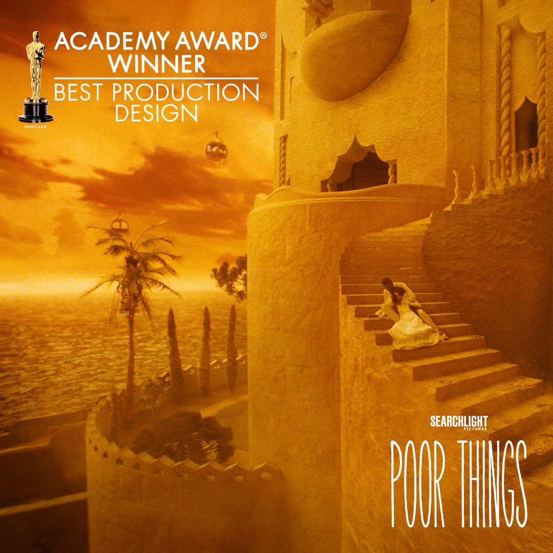 Poor Things movie produced by Element Pictures for Searchlight Pictures wins academy award for Best Production Design at 2024 Oscars