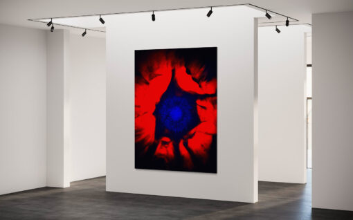 Blue OM fine art photograph shown in room setting at thirty five degrees, part of the Kaboom Collection from Stephen S T Bradley Fine Art Photography Gallery.